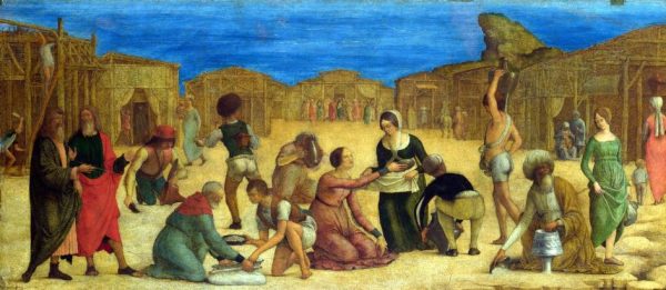 il popolo di Gesù raccoglie la manna dal cielo